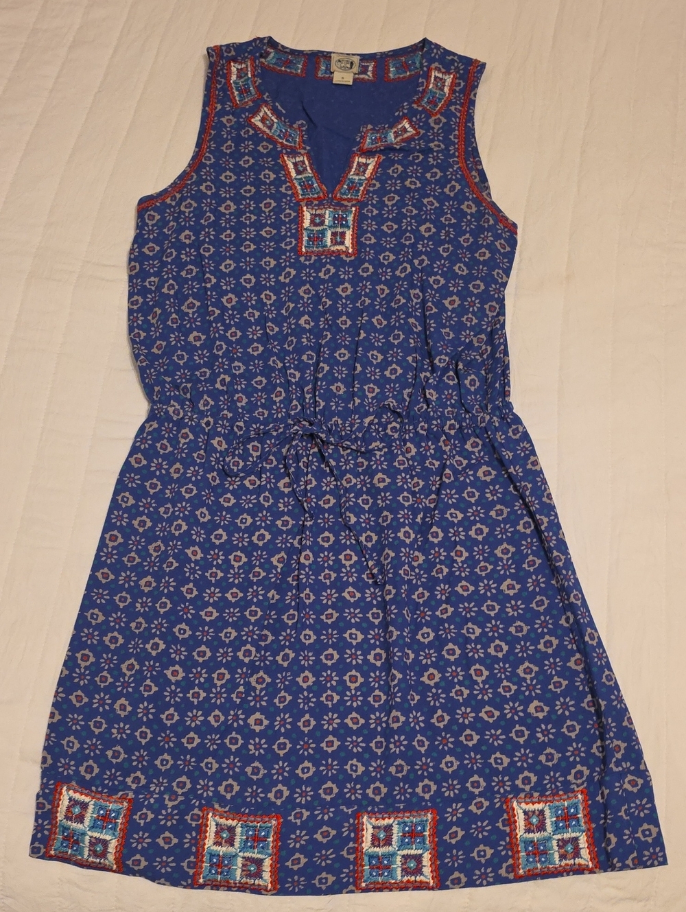 Lucky Brand Blue Sleeveless Embroidered Drawstring Midi Dress